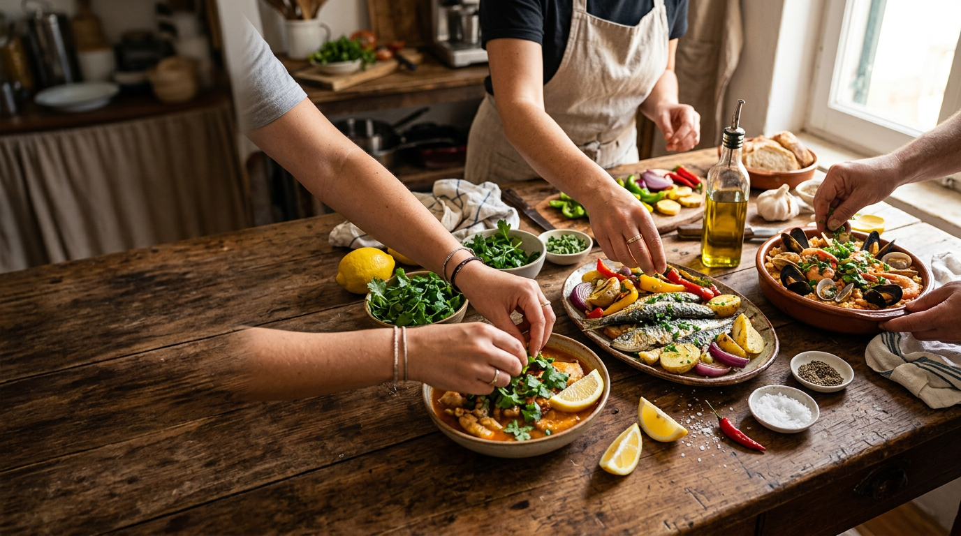 Hands plating food, softly blurred background