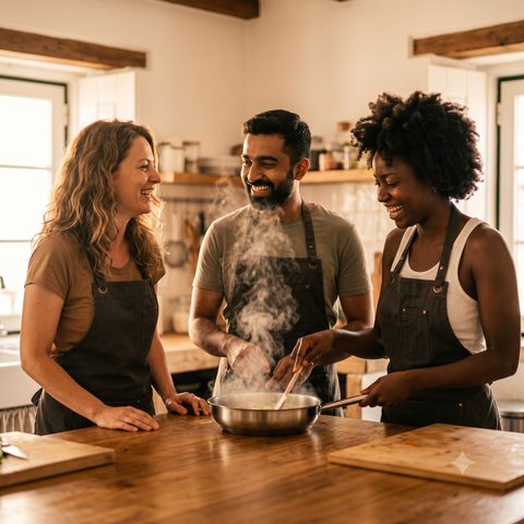 Guests cooking together in the kitchen