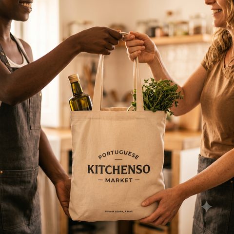 Hands holding the branded tote bag