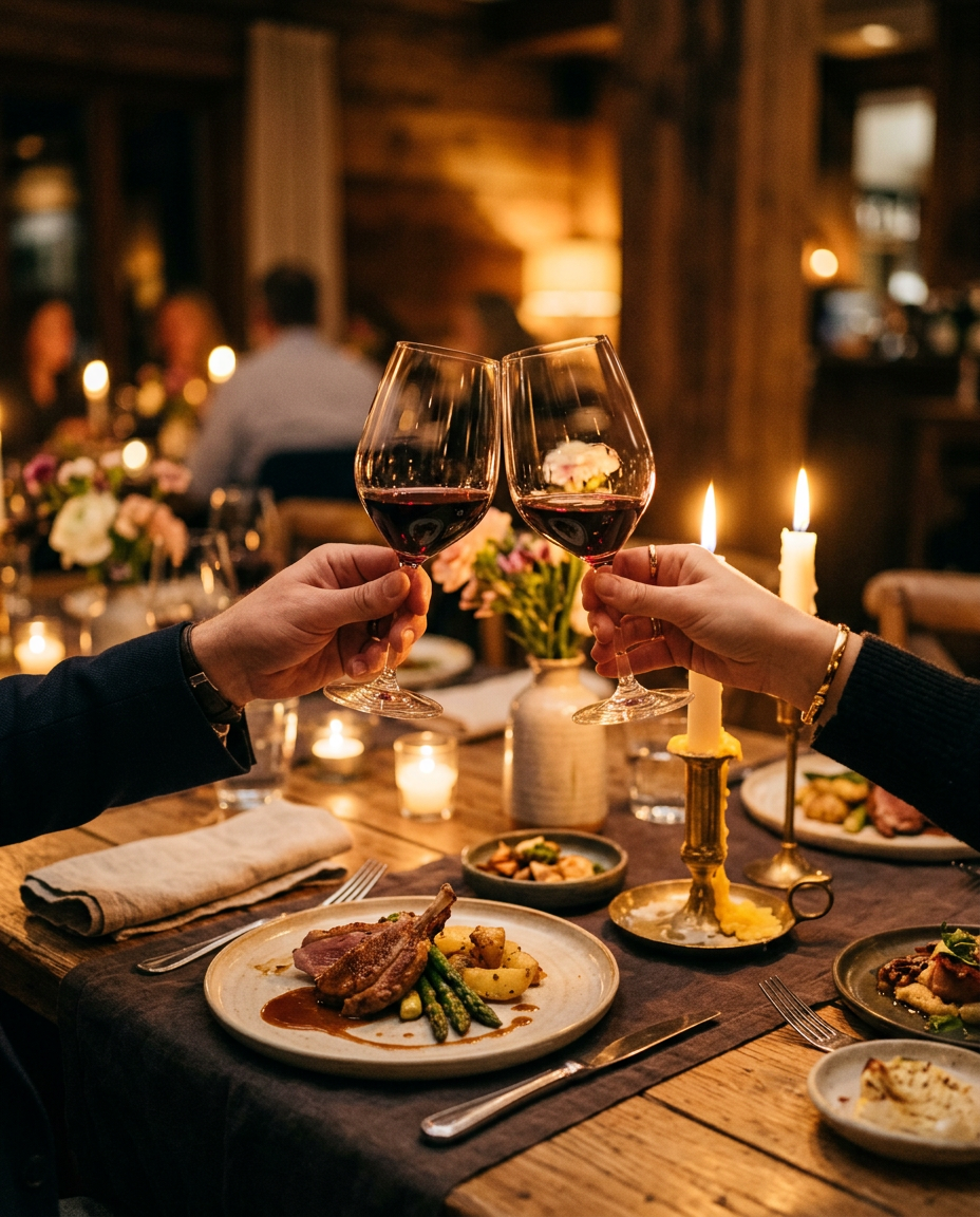 Group toasting wine glasses at a shared table