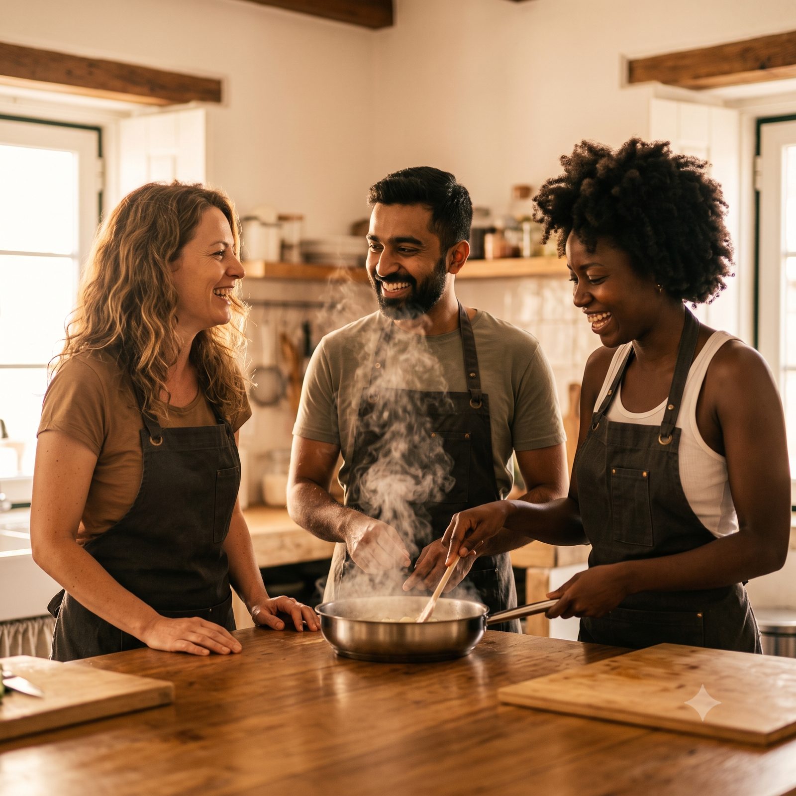 Three people cooking together in the kitchen