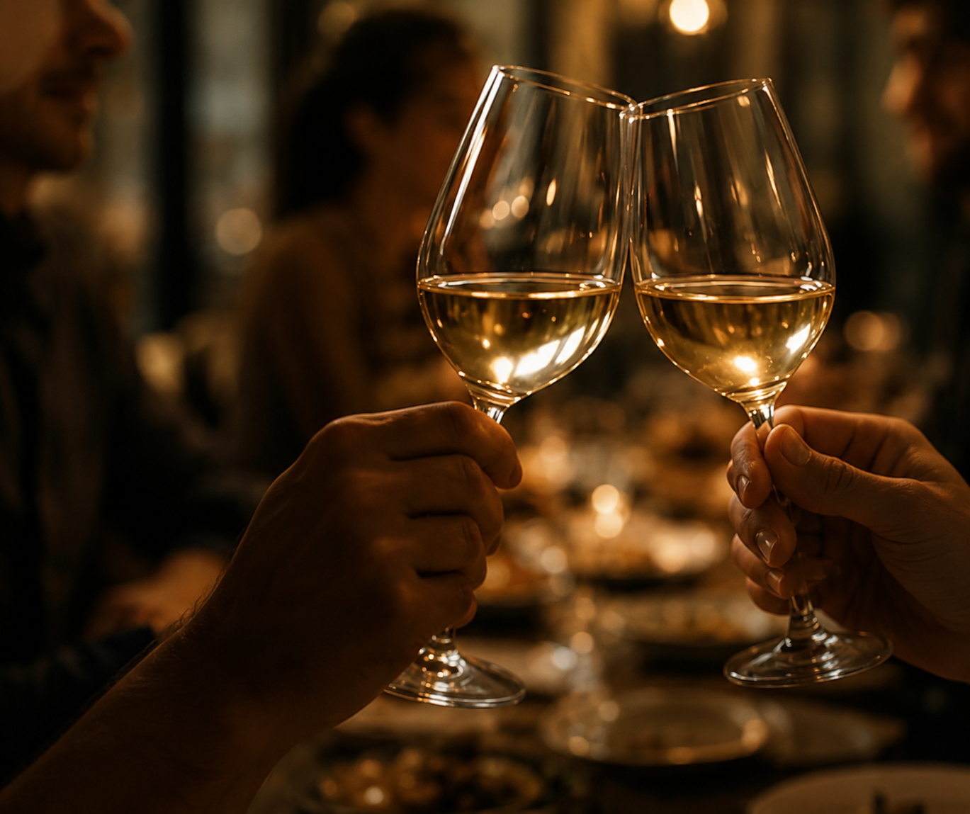 Group toasting with wine glasses at a candlelit table