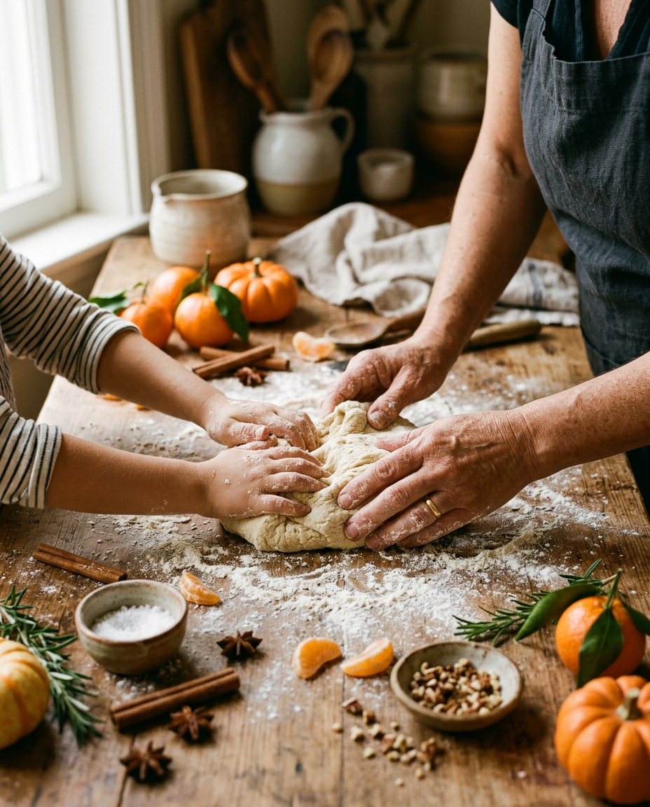 Adult and child hands shaping dough together on a floured table with seasonal ingredients