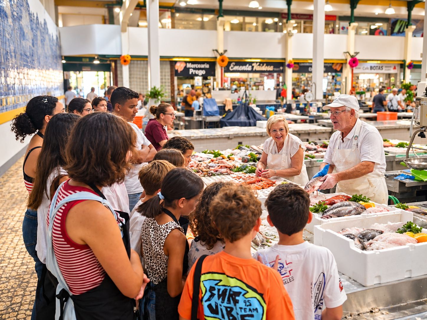 Grupo de crianças e jovens numa visita guiada ao mercado do peixe, a ouvir os peixeiros junto à banca